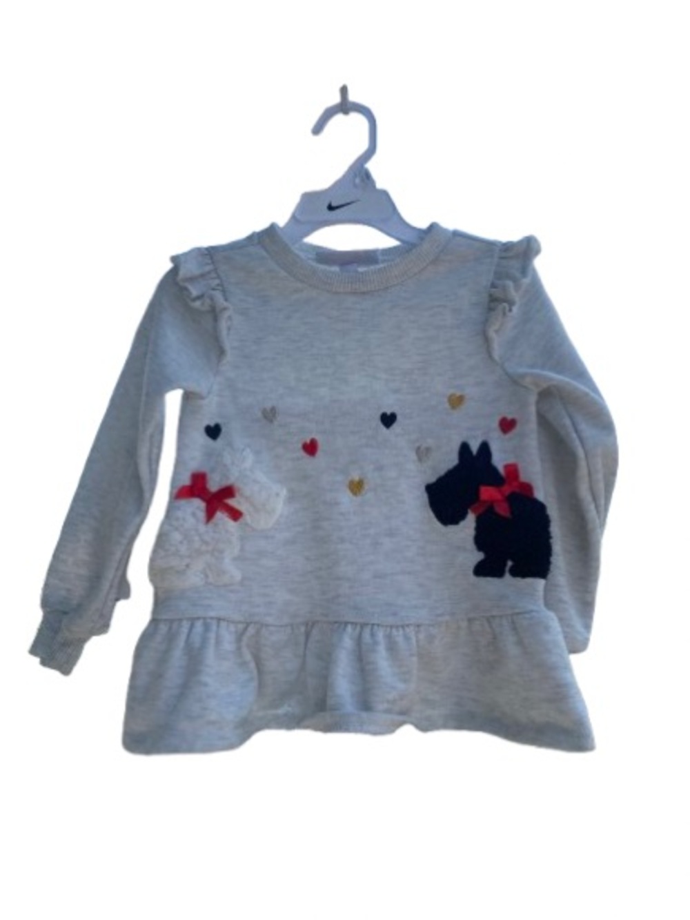 Girls' Light Gray Scottie Dog Sweatshirt Dress with Ruffle Hem